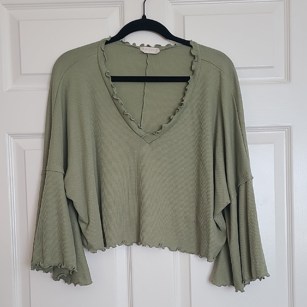 Altar'd State Sage Ruffle-Trim V-Neck Waffle Knit Crop Top